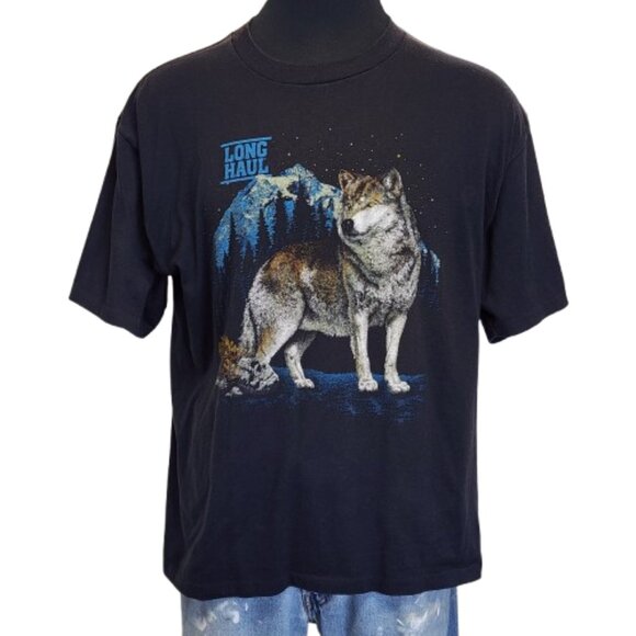 True Vintage 1991 XL Long Haul Trucker Wolf Alaska Shirt USA 50/50 Shoulder Fade - Picture 1 of 10